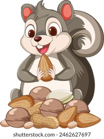 Cartoon squirrel enjoying a pile of nuts