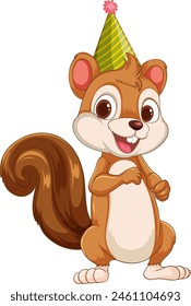 Ardilla de dibujos animados en un sombrero de fiesta festiva sonriendo