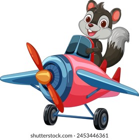 Cartoon squirrel flying a colorful airplane