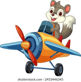 Cartoon squirrel flying a colorful propeller plane.