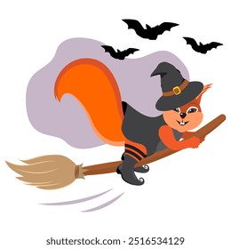 Cartoon squirrel flying on a broomstick. Cute animal dressed as witch costume. Halloween kids design.