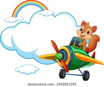 Cartoon squirrel flying a plane near clouds and rainbow