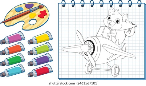 Cartoon squirrel flying a plane on notebook