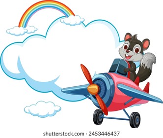Cartoon squirrel flying a plane with rainbow