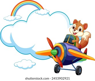 Cartoon squirrel flying a plane with rainbow