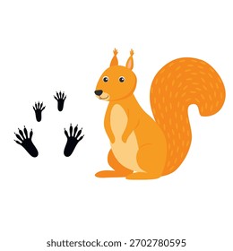 Ardilla de dibujos animados con huellas.
Ilustración vectorial Infantil
