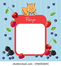 Cartoon squirrel with a frame for the text of 'Recipe', with berries around, hand-drawn.	
