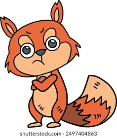 A cartoon squirrel with a frowning face and crossed arms. The squirrel is looking down and he is angry or upset