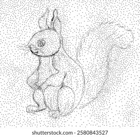 Cartoon squirrel with furry tail made of dots, showcasing a modern and creative interpretation. Ideal for nature-themed designs, the dot art technique adds a unique and stylish flair to the image.