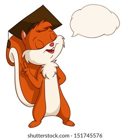 Cartoon squirrel in graduated hat with talk bubble. Vector illustration.