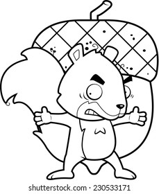 A cartoon squirrel guarding a large acorn nut.