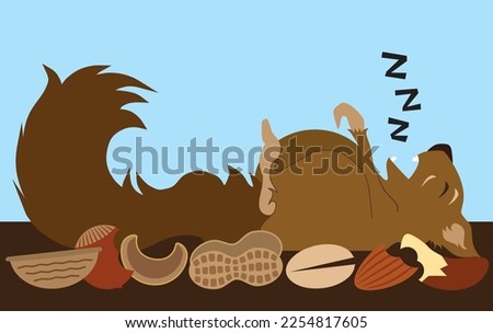 A cartoon squirrel has just stuffed himself with several nuts and passed out
