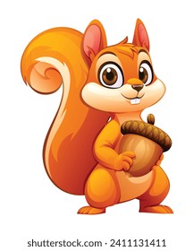 Cartoon squirrel holding acorn. Vector illustration isolated on white background