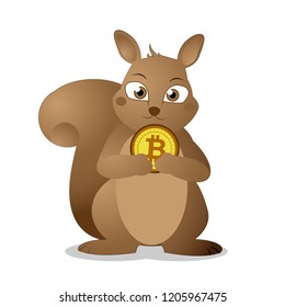 cartoon squirrel holding bitcoin character illustration