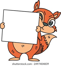 A cartoon squirrel holding a blank sign. The sign is white and has no writing on it. The squirrel is smiling and he is happy