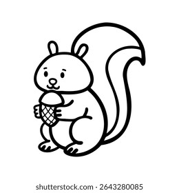 A cartoon squirrel holding an ice cream cone. The squirrel is depicted in a simple, outlined style, showcasing its bushy tail and round body.