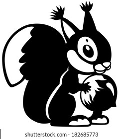 cartoon squirrel holding nut, black and white image