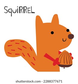 Cartoon squirrel holding a nut. Cartoon forest squirrel isolated on white background. Vector flat illustration.