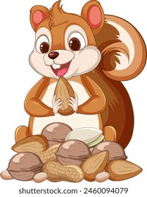 Cartoon squirrel holding a nut, surrounded by more nuts