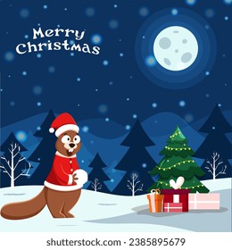 Cartoon Squirrel Holding Snowball with Gift Boxes and Decorative Xmas Tree on Full Moon Snowfall Blue Background for Merry Christmas.