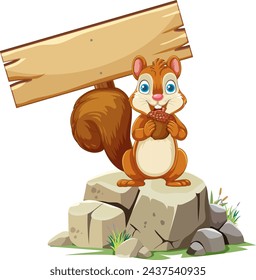 Cartoon squirrel holding a wooden sign on a rock.