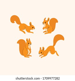 Cartoon squirrel icon set. Cute animal character in different poses. Vector illustration for prints, clothing, packaging, stickers.