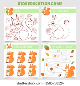 Cartoon squirrel kids games. Find two same pictures, squirrel and nut maze, coloring game and dot to dot. Kindergarten learning games with squirrel character. Isolated vector illustration set