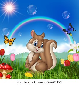 Cartoon squirrel with nature background