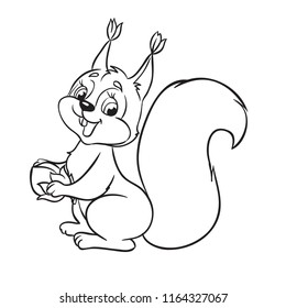 Cartoon squirrel with a nut. Isolated on a white background . Vector Illustration. Outlined for coloring book.
