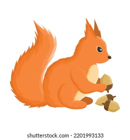 Cartoon squirrel with nuts. Autumn. Fall. Forest animal with acorns. Isolated on a white. Colored illustration. Vector texture.