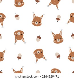 Cartoon squirrel and nuts seamless pattern. Cute squirrel portrait on a white background. Baby design for textiles, packaging, fabrics in Scandinavian style. Funny animals. Creative kids print. 