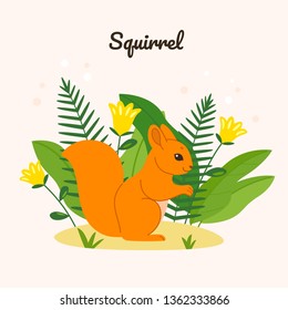 Cartoon squirrel on grass, cute character for children. Vector illustration in cartoon style for prints, clothing and postcards.