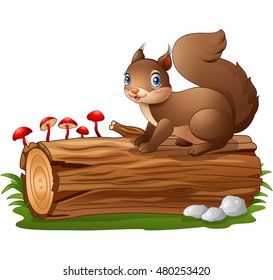 Cartoon squirrel on tree log 