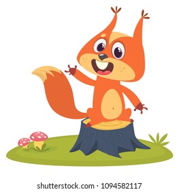 Cartoon squirrel on tree stump in summer season background. Vector illustration