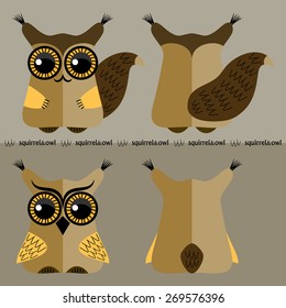 Cartoon squirrel and owl, front and back. 
