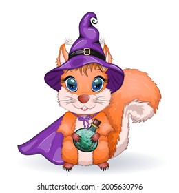 Cartoon squirrel with a potion in a purple witch hat and cloak. Halloween poster