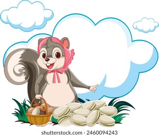 Cartoon squirrel presenting pistachios under a cloud