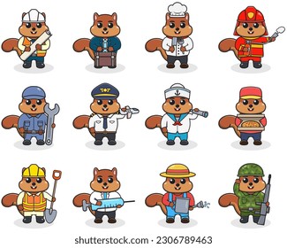 Cartoon Squirrel in professional uniform. Vector set of Squirrel different professions. Vector characters with jobs different occupation. Different jobs professionals. Isolated vector icons set