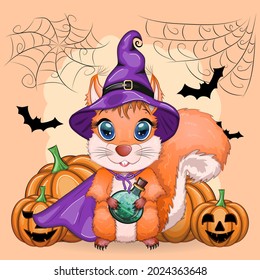 Cartoon squirrel in a purple witch hat and cloak on the background of the castle, pumpkin, moon. Halloween poster