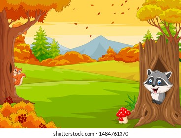 Cartoon Squirrel With Raccoon In The Autumn Forest