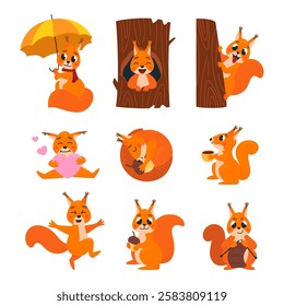 Cartoon squirrel. Red funny squirrels in different poses. Wild forest and park animal sleep, jump, holding heart, sitting on tree and in hollow, classy vector set