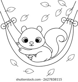 Cartoon squirrel relaxing in a hammock with falling leaves line art