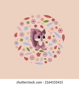 Cartoon squirrel with round frame from flowers, leaves, berries. Light beige  background. Vector illustration.