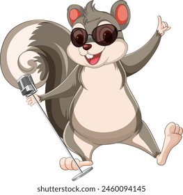 Cartoon squirrel singing happily with a microphone