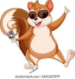 Cartoon squirrel singing happily with a microphone