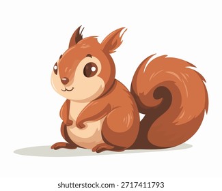 Esquilo de desenhos animados sentado no chão ilustração vetor sobre fundo branco. Cauda macia e corpo redondo, o pelo é de cor marrom quente. Esquilo parece curioso e amigável