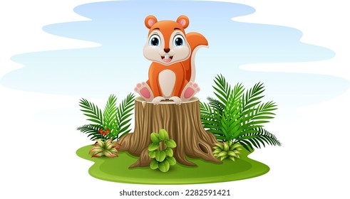 Cartoon squirrel sitting on tree stump