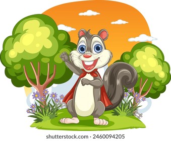 Cartoon squirrel smiling in a colorful forest setting
