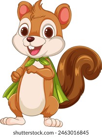 Cartoon squirrel smiling, wearing a green cape