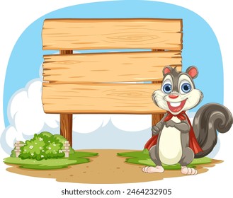 Cartoon squirrel standing by a wooden signboard